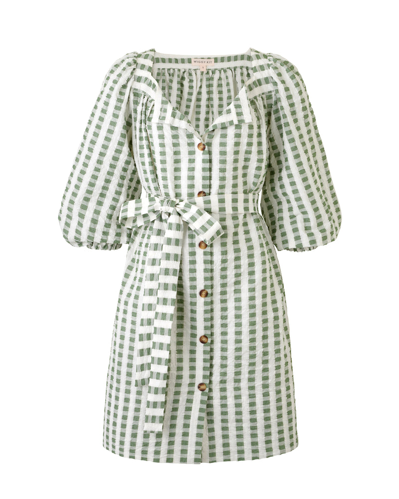 Wiggy Kit | Mini Square Neck Dress | Product image of  green and cream gingham print