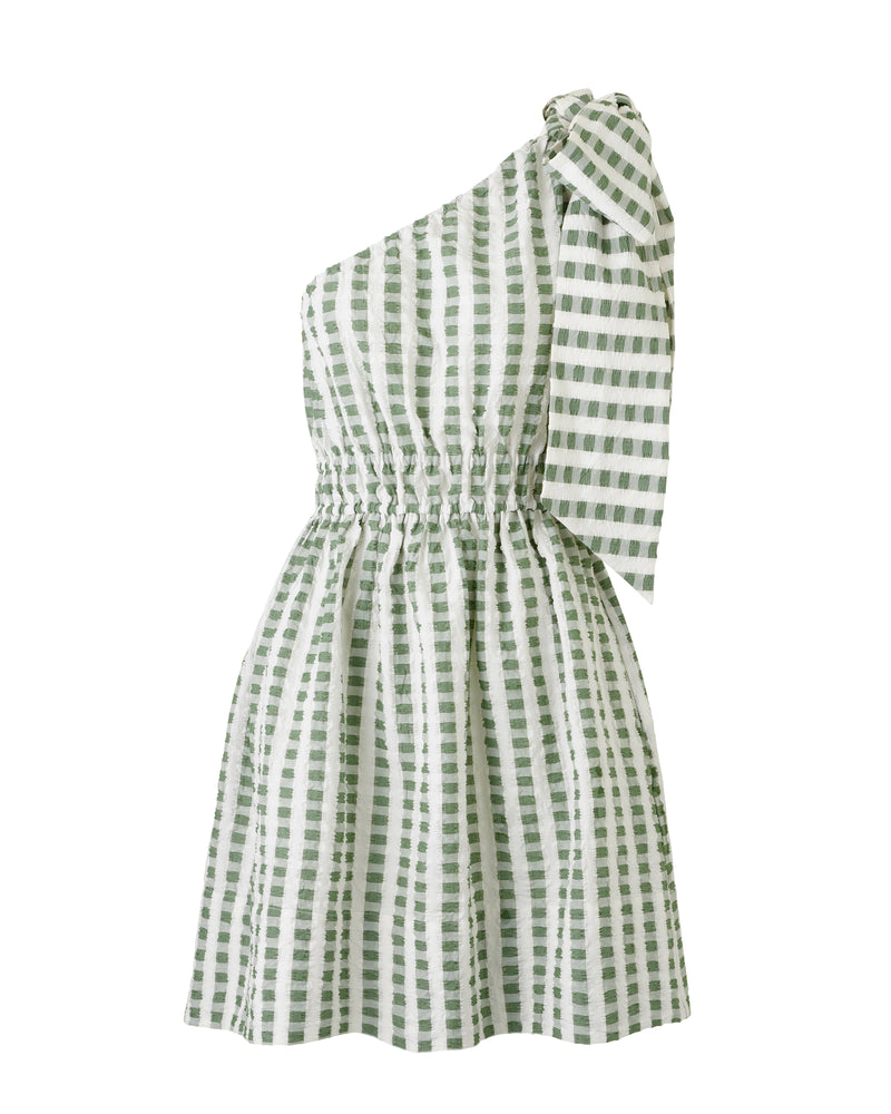 Wiggy Kit | The Minnie Mini | Product image of one shoulder green gingham dress