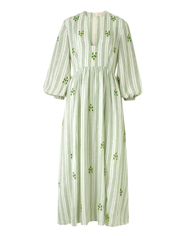 Wiggy Kit | Loulou Dress (Green Stripe) | Product image of striped beige maxi dress