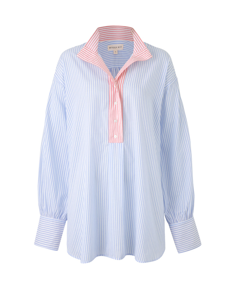 Wiggy Kit | The Library Shirt (Blue and Red) Stripe | Product image of blue and white shirt with red and white collar 