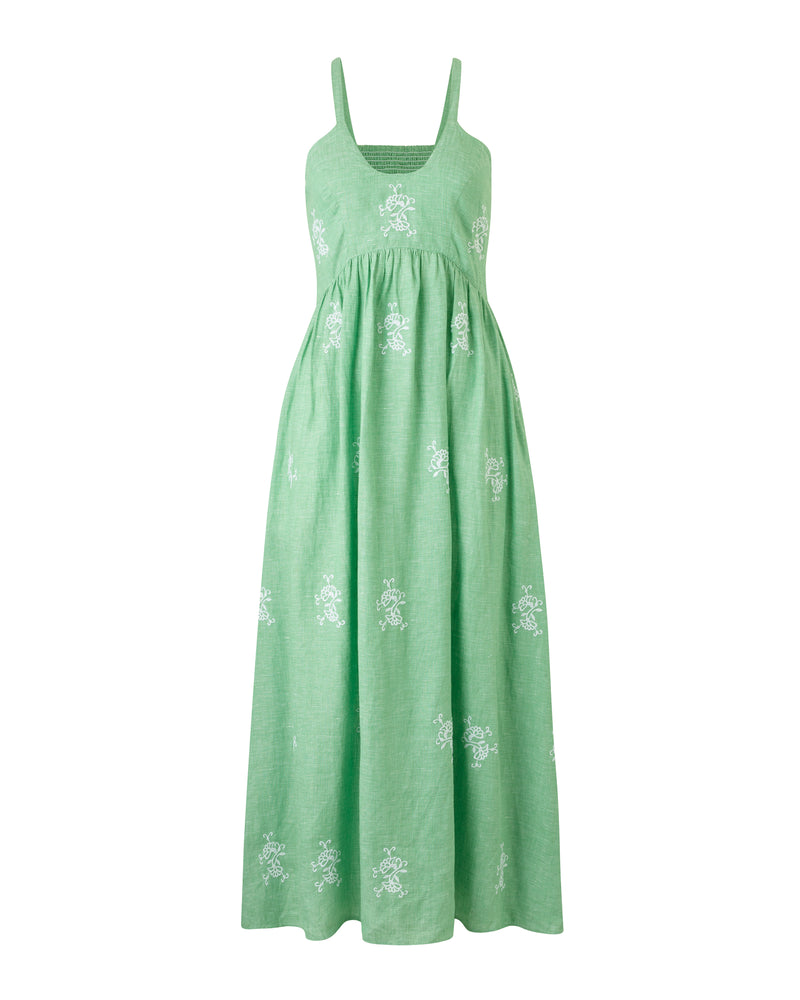 Wiggy Kit | The Petra Dress | Product image of  green maxi dress with blue embroidery