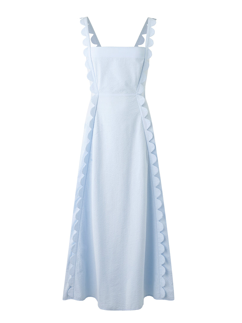 Wiggy Kit | Apron Dress (Blue Seersucker) | Product image of maxi dress in light blue