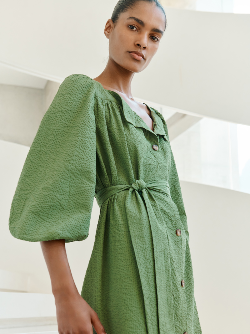 Square Neck Dress (Green Seersucker)