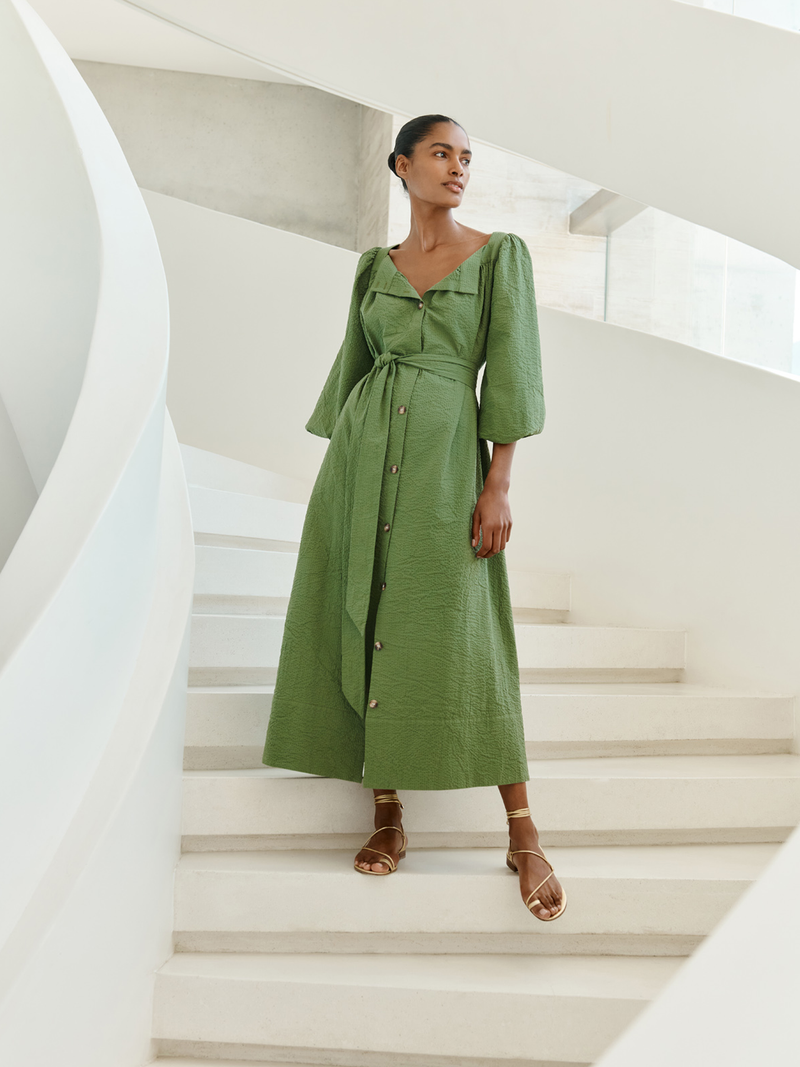 Square Neck Dress (Green Seersucker)